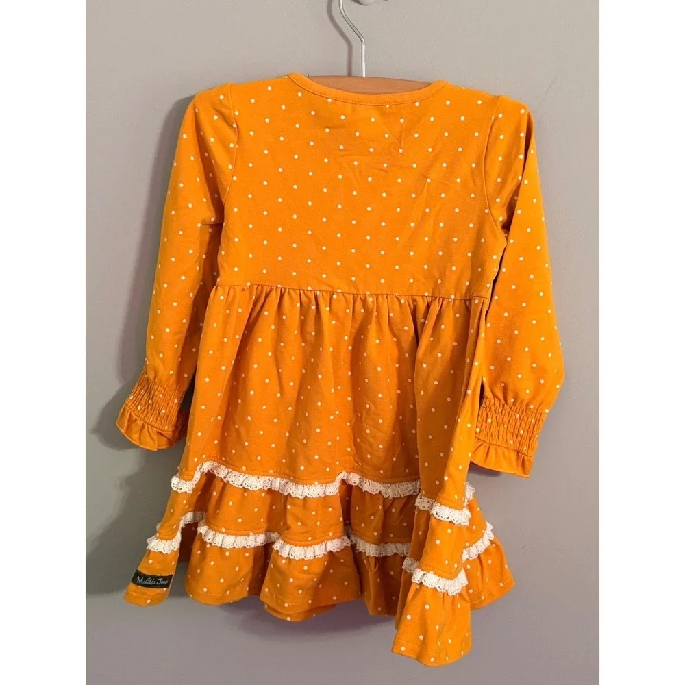 Matilda Jane Orange Polka Dot Ruffle‎ Lace Dress Girls Size 4 Long Sleeve